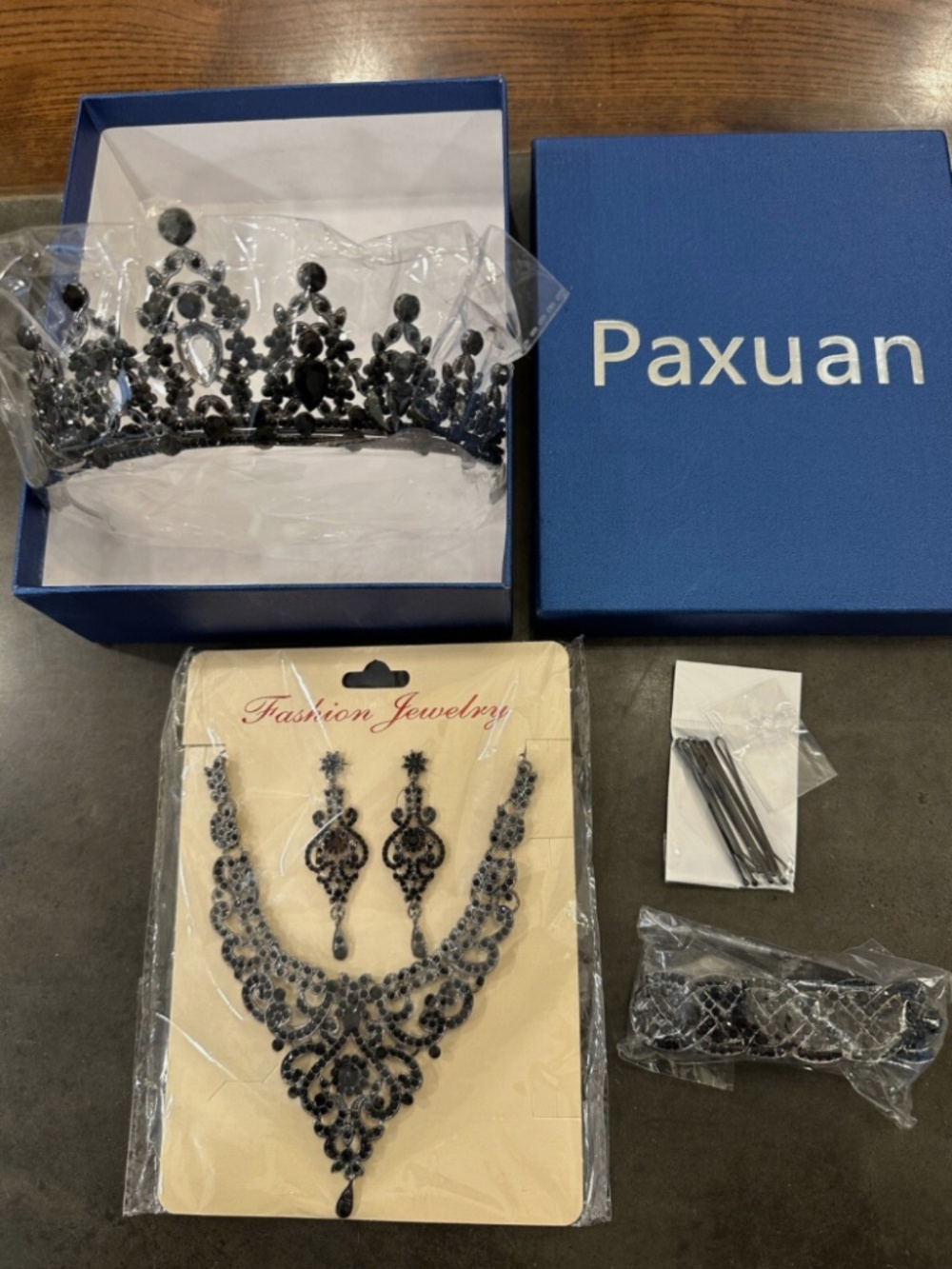 PAXUAN Costume Jewelry Necklace, Earrings, Bracelet, & Tiara Set Black Jewels